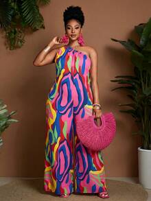 Maweii Combinaison ample à épaules asymétriques et jambes larges pour femmes grandes tailles - Multicolore - Voir 5