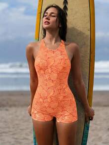 Swim SPRTY Áo tắm liền thân hở lưng in họa tiết toàn thân dành cho nữ, thích hợp cho kỳ nghỉ biển. - trái cam - Xem 2