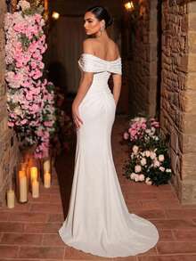 Glamrae Đầm trắng thanh lịch và quyến rũ cổ chữ V trễ vai, chất liệu dệt kim co giãn, xếp ly, dáng đuôi cá ôm sát, xẻ tà cao, thích hợp cho đám cưới, tiệc tùng, lễ tốt nghiệp, kỳ nghỉ, váy cưới. - trắng - Xem 4