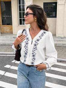 Serisse Áo sơ mi dài tay cài cúc họa tiết hoa cho nữ, kiểu dáng đi nghỉ mát. - trắng - Xem 7