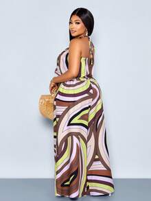 SOLERSUN Conjunto de dos piezas de top halter y pantalones de pierna ancha con estampado todo sobre todo, perfecto para vacaciones en la playa, eventos de primavera/verano, talla grande para mujeres - Marrón - Ver 2