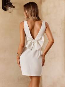 Enchnt Women's White Elegant Sexy Backless Bow Design Dress, Summer Birthday Mother Of The Bride Graduation Coffee Date Golf Wedding Guest Day Party Beach - White - View 6