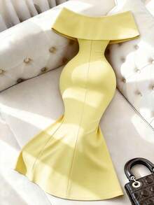 SHEIN LUNE Rochie maxi elegantă de vară pentru femei, galben pal, cu umerii goi, cu volane în față, crăpătură înaltă și croială sirenă, pentru cină formală și petreceri de Ziua Îndrăgostiților - Butter Yellow - Vizualizare 3