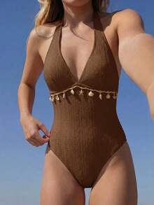 Bellisia 2026春夏女士沙滩连衣裙，连体式，优雅浪漫甜美花卉纹理面料，波西米亚风精致贝壳链装饰，可拆卸胸垫，蝴蝶结肩带，挂脖式连体泳衣，多种颜色可选，浅粉色，甜美可爱，清新优雅，浪漫度假，2026春夏新款，新年，情人节，返校季，旅行季，适合度假、海滩、下午茶野餐、派对、日常穿着、休闲、户外运动，时尚百搭 - 棕色 - 查看 5