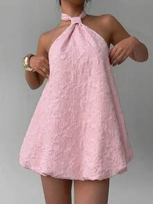 Aloruh Women's Romantic Vacation Pink Textured Fabric Mini Dress - Pink - View 9