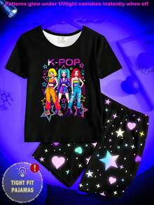 Glowmode Tween Girls Glow-In-The-Dark UV Reactive Girl Group Print Knit Top And Shorts 2-Piece Pajama Set,Black,Summer,Y2k,Home Wear,Sleep Snug Fit - Black - View 4