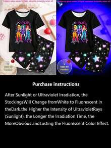 Glowmode Tween Girls Glow-In-The-Dark UV Reactive Girl Group Print Knit Top And Shorts 2-Piece Pajama Set,Black,Summer,Y2k,Home Wear,Sleep Snug Fit - Black - View 7