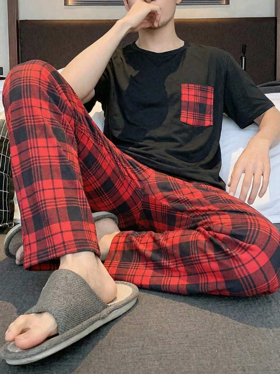 Velminro Men's Plaid Print Round Neck Short Sleeve Top And Pants Pajama Set - Black - View 1