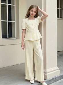 SHEIN 2件套女童花瓣袖西装上衣和直筒阔腿裤套装 - 杏色 - 查看 6