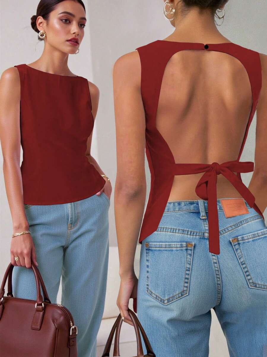 INAWLY 女士极简性感露背吊带衫 - 酒紅色 - 查看 1