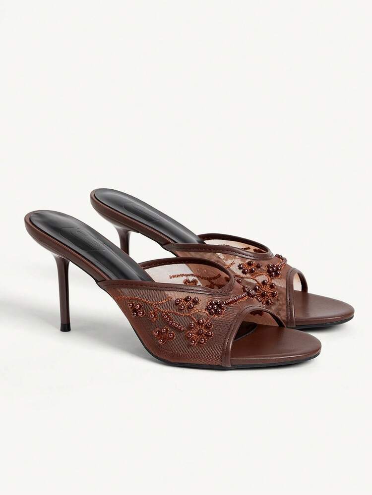 CUCCOO CHICEST Women Shoes Summer New Embroidery Beaded Round Toe Thin Heel High Heel Elegant Temperament Fashion Mesh Women's High Heel Sandals Dew Heel Slippers Elegant Temperament Fashion Wedding Valentine's Day Tea Elegant Wear