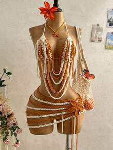 Soleia 女士撞色露背系带针织上衣和针织混纺迷你裙性感两件套 - 彩色 - 查看 1