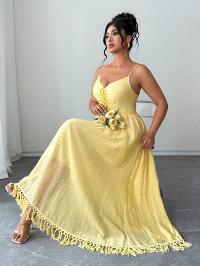 Elenzga Plus Size Women's Spaghetti Strap Dress, A-Line Silhouette With Tassel Trim, Bow Tie Waist, Loose And Lightweight, Comfortable Lining, Elegant And Suitable For Vacation, Girlfriend Party, Afternoon Tea, Beach, Yellow Plus Size Dress