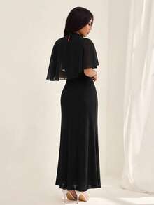 SHEIN PETITE Đầm dài thanh lịch, tối giản, thời trang công sở, thiết kế eo chun, nhiều lớp xếp ly, tôn dáng, phù hợp cho công sở, hẹn hò, du lịch, đầm dành cho nữ thanh lịch - màu đen - Xem 2