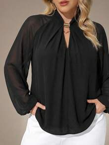 Auralis Plus Size Women Elegant Solid Color Blouse For Commuting Summer Outfit For Women  Black - Black - View 6