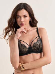 DesireSculpt 1pc Women Valentine's Day Lace Cut Out Wireless Sexy Lingerie Bra - Black - View 7