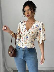 Rafferiza Áo kiểu nữ mùa hè phong cách Pháp cổ điển họa tiết hoa, cổ chữ V, thiết kế thắt eo, đa năng cho kỳ nghỉ và đi làm hàng ngày. - Nhiều màu - Xem 4