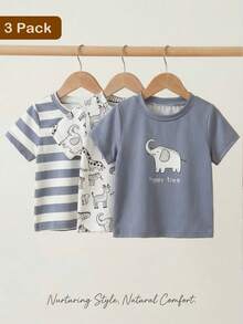 SHEIN 3件套幼儿休闲恐龙图案针织套装，短袖T恤，春夏款 - 灰色 - 查看 9