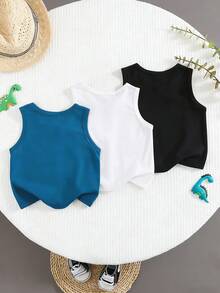 SHEIN 3pcs Young Boys Casual, Comfortable, Versatile, Sporty Cartoon Smiling Face Print Short-Sleeved Tank Top, Three-Color Set, Buy Two Get One Free, Great Value! Suitable For Everyday Casual Wear, Sports, School, Or Lounging At Home. Can Be Worn As An Inner Or Outer Layer, Perfect For Spring And Summer. Toddler Summer Set Toddler Casual Set Boy Two Piece Short Sets Boy Summer Sets - Multicolor - View 3