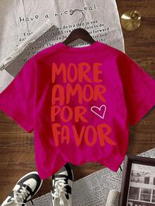 EMERY ROSE Women's Casual Heart & Letter Print Round Neck Short Sleeve T-Shirt - Hot Pink - View 6