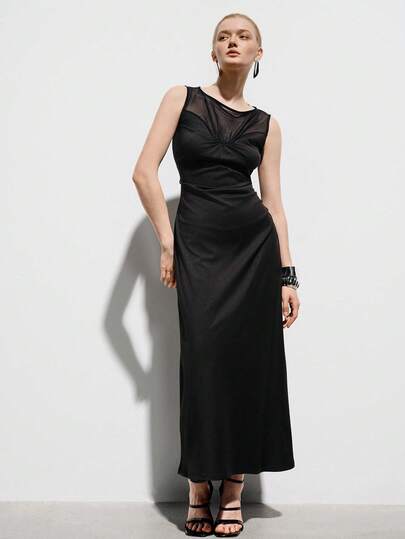 Aveloria Modichic Elegant Luxury High-End Mesh Patchwork Elastic Fabric Ruched Design Women's Off-Shoulder Sleeveless Dress