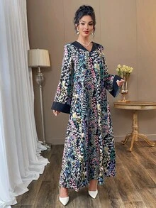 SHEIN Najma Elegant Floral Print Long Sleeve Loose Dress For Women - Black - View 6