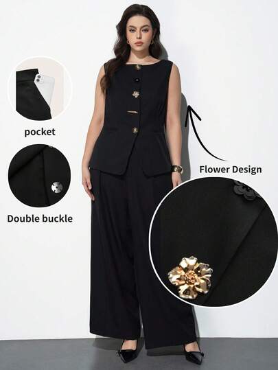 Maija Conjunto de traje negro de talla grande, diseño de chaleco de cuello redondo, elegante y encantador, prenda exterior versátil, estilo retro, romántico, de moda, cómodo, elegante, casual, artículo esencial, unicolor, casual de vacaciones, apropiado, soltera, prenda exterior elegante y de moda para uso casual en la oficina, conjunto romántico casual de oficina para curvas para una cita