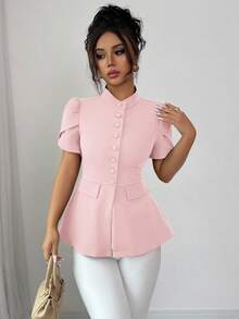 Elenzga Women's Elegant Summer Blush Pink Mandarin Collar Puff Sleeve Blouse,French Office Work Formal Attire,Solid Button-Up A-Line Peplum Tops - Baby Pink - View 6