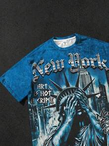 青少年男童新款休闲简约Y2K风格扎染自由女神像街头图案印花美式复古宽松舒适短袖圆领T恤，适合夏季穿着 - 彩色 - 查看 3