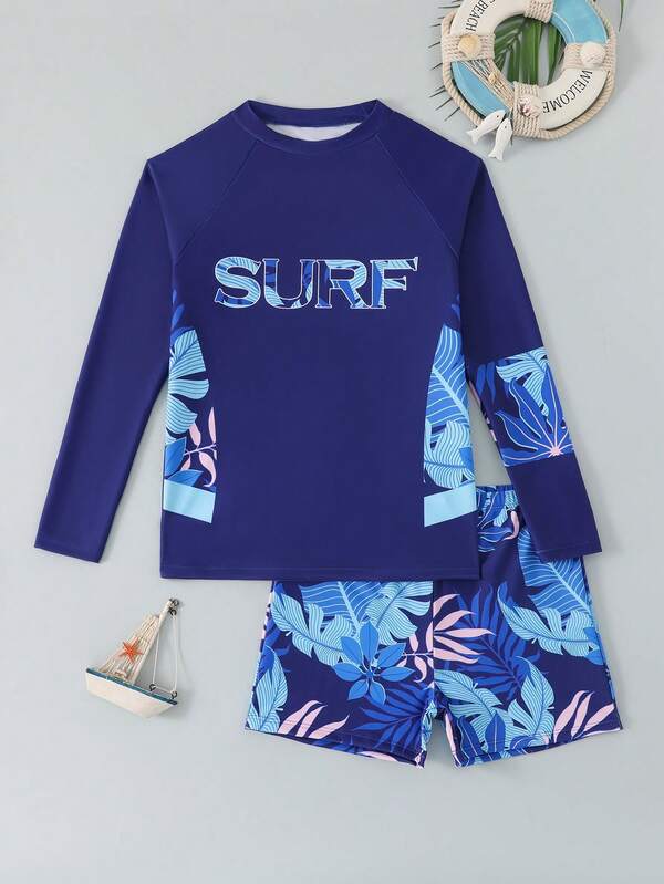 SHEIN Tween Boys Swimwear, Deep Sea Blue Base Color With Gradient "SURF" Letter Print, Raglan Sleeve And Side Tropical Leaf Print, 2-Piece Set, Knit Fabric, Fashionable, Casual, Suitable For Swimming, Summer Vacation, Beach, Pool Party Rash Guard For Boys Swimwear Long Sleeve Boys Beach Wear Kids Boy Swimwear Spring Summer Picks