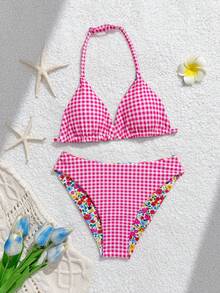 SHEIN Conjunto de traje de baño para niña preadolescente, con estampado floral diminuto y malla rosa reversible, adecuado para vacaciones en la playa, natación, fiesta en la piscina - Bikini de 2 piezas para niñas preadolescentes - Multicolor - Ver 3