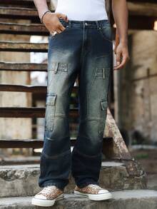 Manfinity EMRG Quần jeans nam dáng suông ống đứng, chất liệu denim denim rách, kiểu dáng đường phố năng động, thích hợp cho mùa xuân/hè. - Màu xanh lam - Xem 5