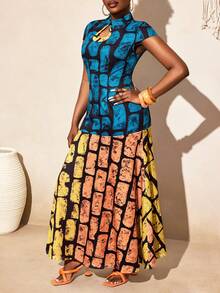 BamGleam New Popular Printed Water Droplet Small Stand Up Collar Dress - Blue - View 3