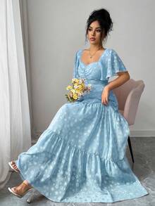 Modelyn Đầm chiffon jacquard cổ vuông, viền bèo nhún dành cho nữ, kiểu dáng lãng mạn và thanh lịch. - Màu xanh lam - Xem 6