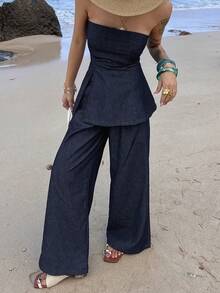 DAZY Bộ đồ denim nữ thường ngày gồm áo ống vạt lệch và quần ống rộng. - Rửa tối - Xem 2