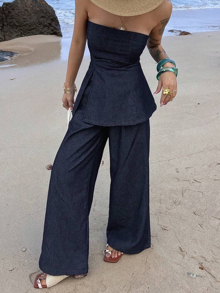 Women's Casual Denim Set With Asymmetric Hem Tube Top And Wide Leg Pants