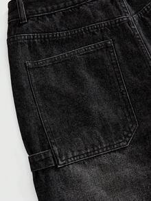 ROMWE MEN Quần short jeans nam dáng suông, ống đứng, lửng, đã qua xử lý giặt và đính đinh tán. - màu đen - Xem 5