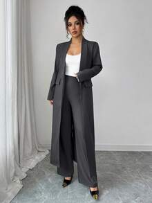 Elenzga 两件套：女士优雅翻领长袖长款外套搭配直筒裤两件套，精致优雅，适合办公室、通勤、街头风、法式浪漫、休闲、中东复古、下午茶、派对、感恩节、返校季、秋冬季等场合。 - 深灰色 - 查看 6