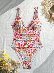Swim Mod Áo tắm liền thân gợi cảm màu hồng họa tiết hoa nhí dành cho nữ, dây mảnh, thích hợp cho kỳ nghỉ biển. - Hồng - Xem 7