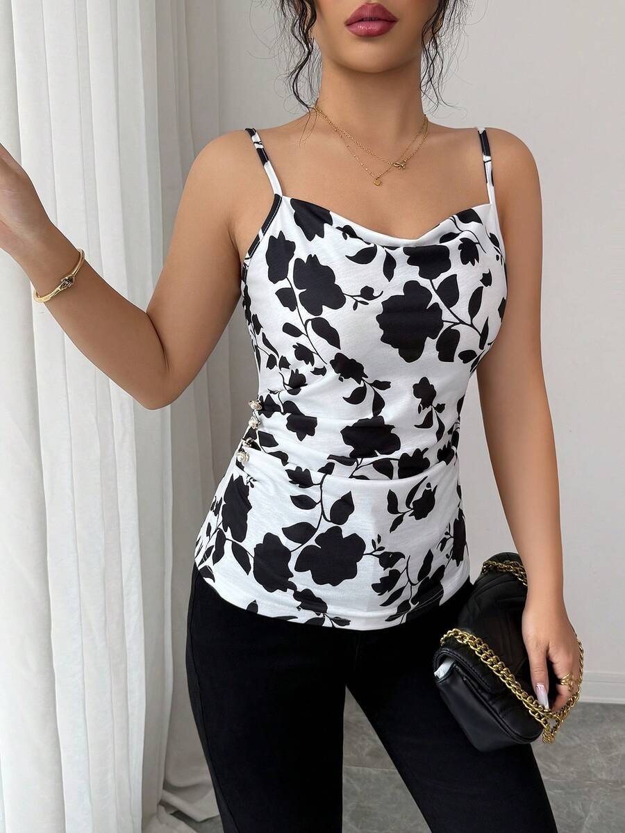Elenzga Camiseta de mujer con estampado floral, elegante, con pliegues y botones decorativos - Blanco y Negro - Ver 1