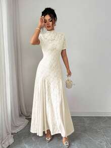 Rafferiza Chic Beige Long A-Line Dress For Women Featuring Stand Collar Puff Sleeves And Zipper Detail - Beige - View 3