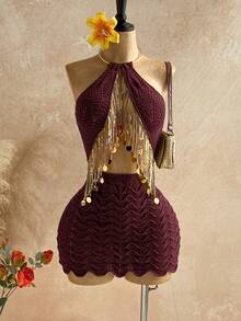 Soleia 女士亮片流苏镂空性感吊带针织连衣裙 - 酒紅色 - 查看 1