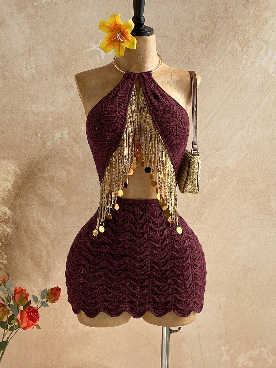 Soleia 女士亮片流苏镂空性感吊带针织连衣裙 - 酒紅色 - 查看 1