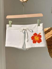 SHEIN Comfortcana Quần short ôm sát màu đen, kiểu dáng tối giản, họa tiết giả ren đỏ, cạp chun, thích hợp cho kỳ nghỉ xuân/hè. - trắng - Xem 4