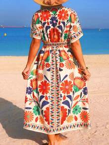 Swim Vcay 女士春夏沙滩连衣裙，V领长款收腰开衩度假印花连衣裙，带罩衫 - 橘色 - 查看 2