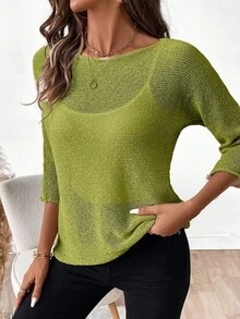 EMERY ROSE Women's Loose Fit Crew Neck 3/4 Sleeve Casual Sweater - Mist Green - View 4