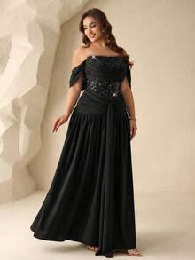 Coutiva Plus Size Sequin Patchwork Off-Shoulder Formal Evening Gown Plus Size Off Shoulder Evening Gown Sequin Corset Formal Maxi Dress Elegant Ruched Waist Banquet Dress Off Shoulder Bardot Neckline Sparkle Sequin Embroidered Bodice High Waist A Line Silhouette Formal Evening Banquet Wedding Reception Party Elegant Sophisticated Classic Solid Black - Black - View 5