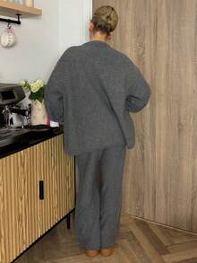 Bethéva 女士宽松商务休闲针织开衫和直筒裤套装，秋冬优雅办公室装 - 深灰色 - 查看 2