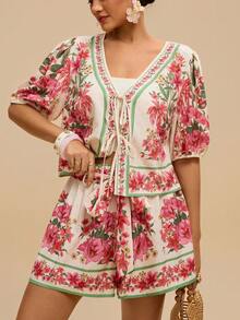 Travachic 大码女式格子印花短裤套装，前系蝴蝶结上衣和短裤，舒适的两件套，适合夏季度假 - 彩色 - 查看 5