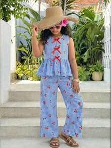 2 peças/Conjunto Top Regata e Calça Combinando com Listras Azuis e Brancas e Estampa de Cereja Doce para Meninas, Adequado para Uso Externo, Casual, Esporte e Lazer - Multicolorido - Visão 8